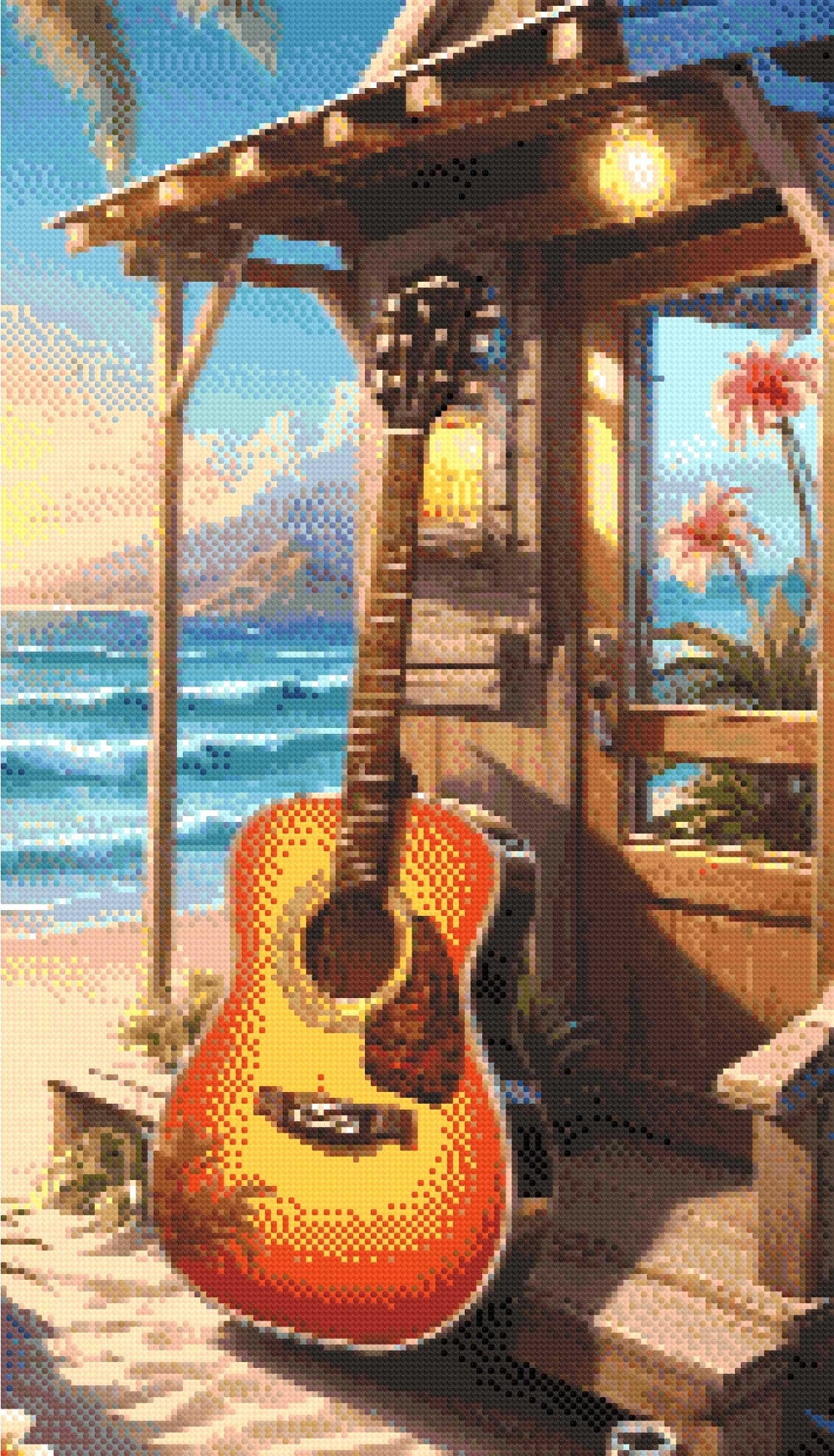 A Diamond Painting Rendering Of An Acoustic Guitar Leaning Against A Beach Cabin With An Ocean View Under A Golden Sunset. Size - 40cm X 70cm