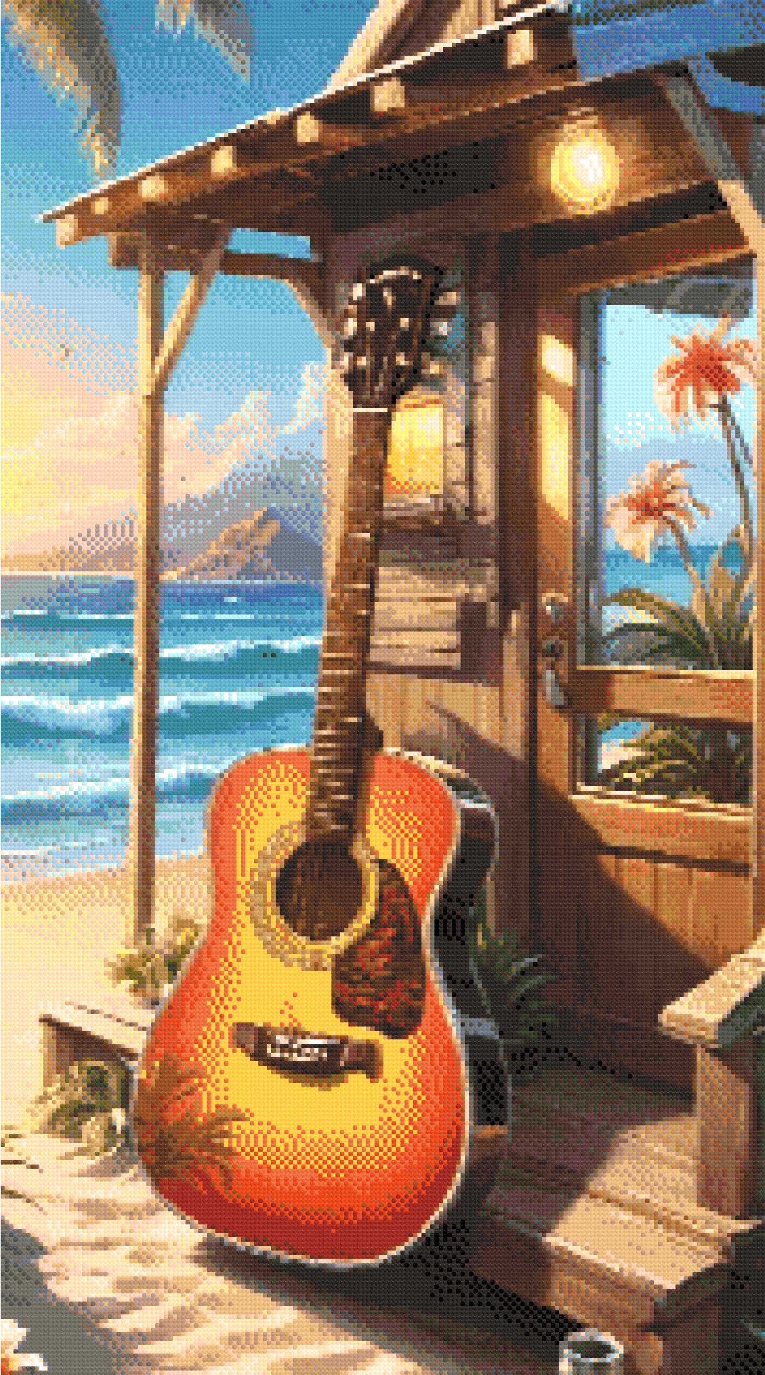 A Diamond Painting Rendering Of An Acoustic Guitar Leaning Against A Beach Cabin With An Ocean View Under A Golden Sunset. Size - 50cm X 90cm