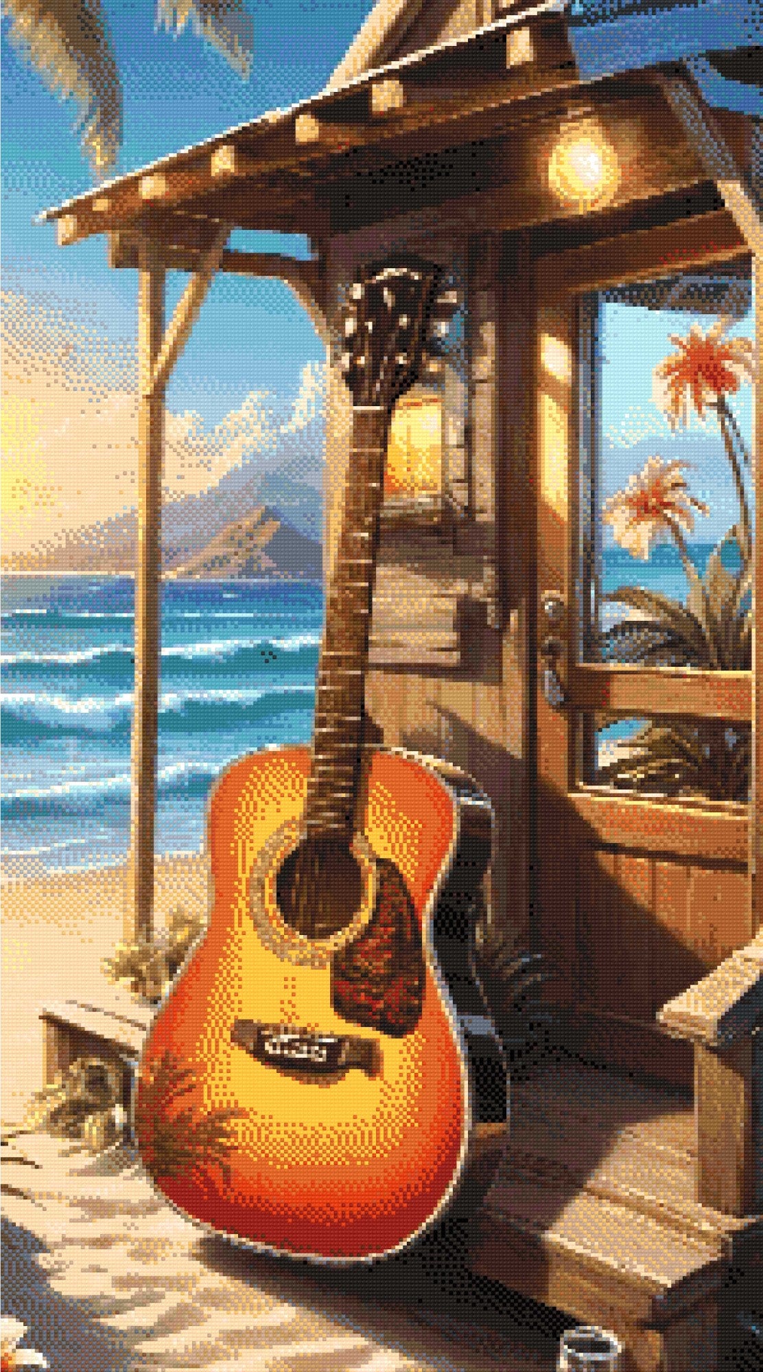 A Diamond Painting Rendering Of An Acoustic Guitar Leaning Against A Beach Cabin With An Ocean View Under A Golden Sunset. Size - 50cm X 90cm