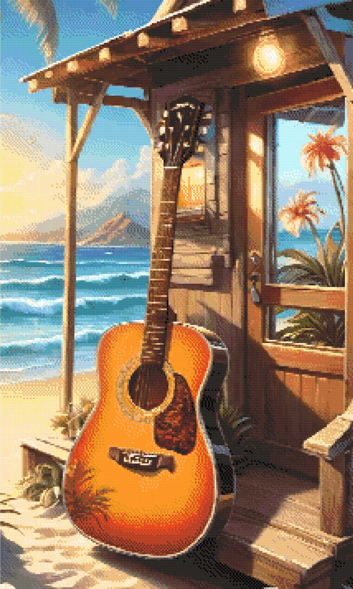 A Diamond Painting Rendering Of An Acoustic Guitar Leaning Against A Beach Cabin With An Ocean View Under A Golden Sunset. Size - 60cm X 100cm