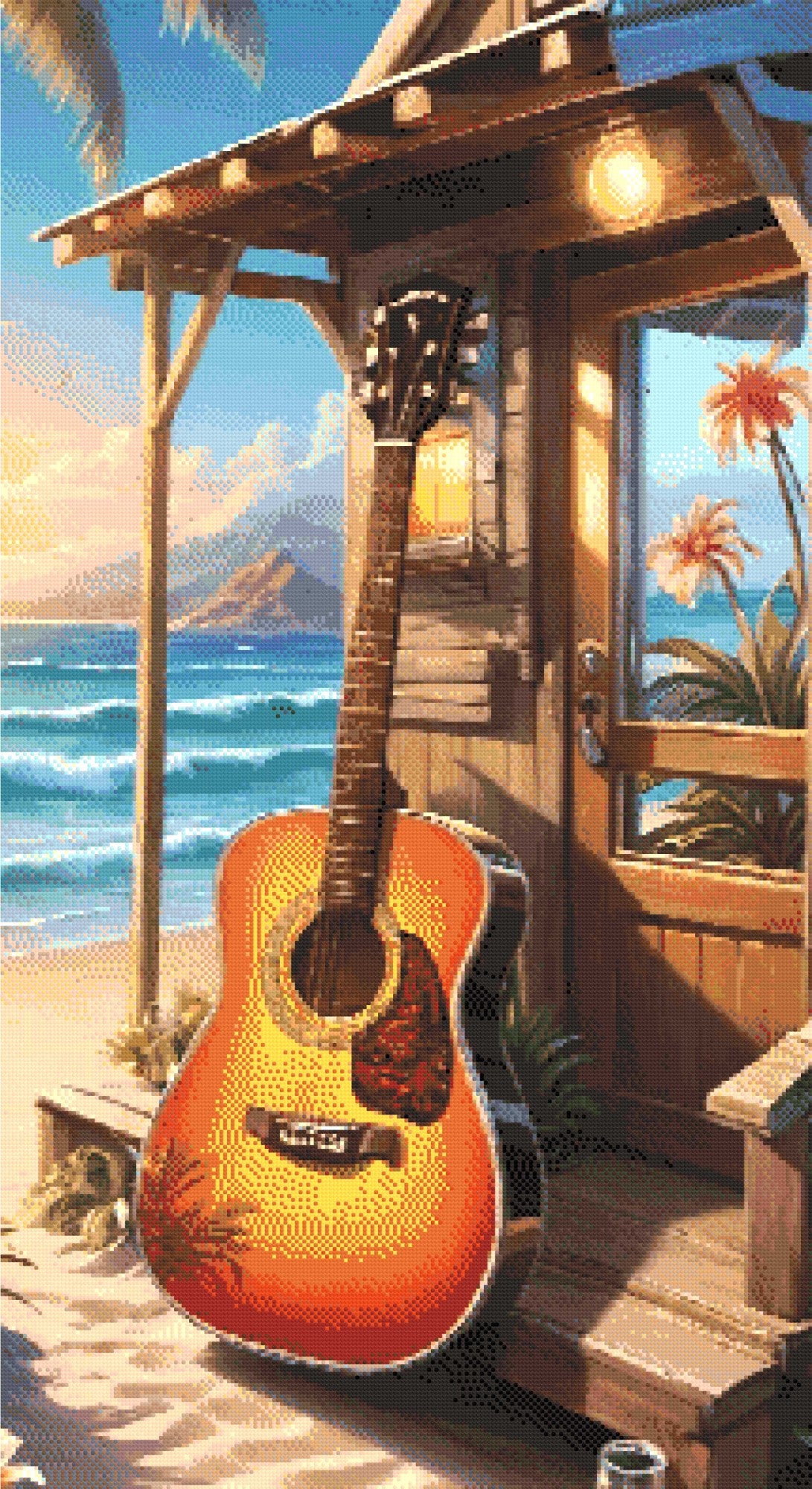 A Diamond Painting Rendering Of An Acoustic Guitar Leaning Against A Beach Cabin With An Ocean View Under A Golden Sunset. Size - 60cm X 110cm
