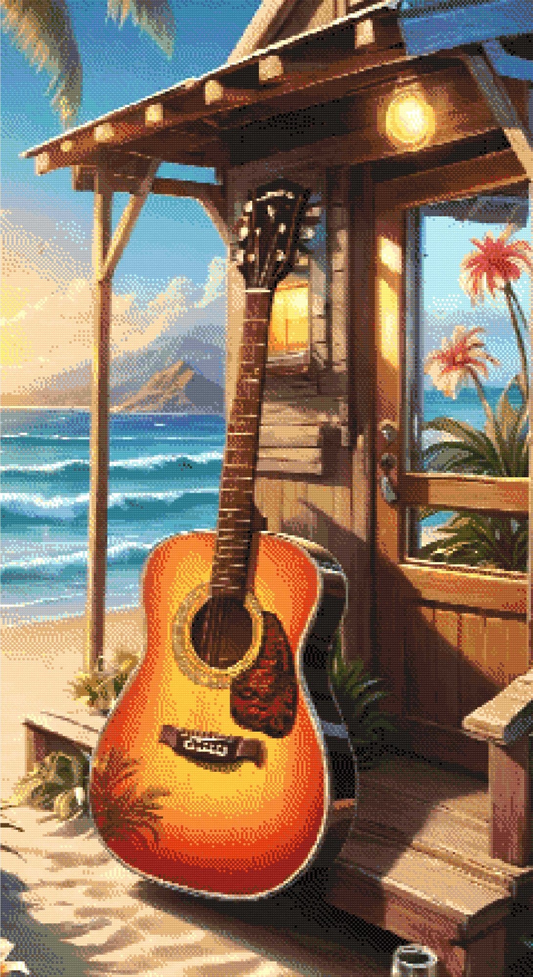 A Diamond Painting Rendering Of An Acoustic Guitar Leaning Against A Beach Cabin With An Ocean View Under A Golden Sunset. Size - 60cm X 110cm