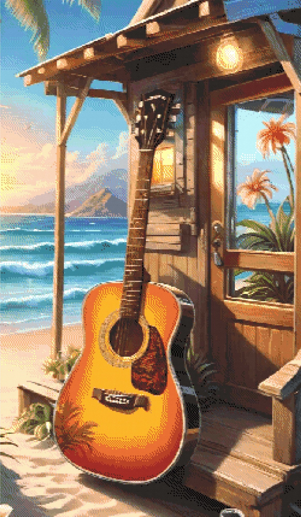 A Diamond Painting Rendering Of An Acoustic Guitar Leaning Against A Beach Cabin With An Ocean View Under A Golden Sunset. Size - 70cm X 120cm