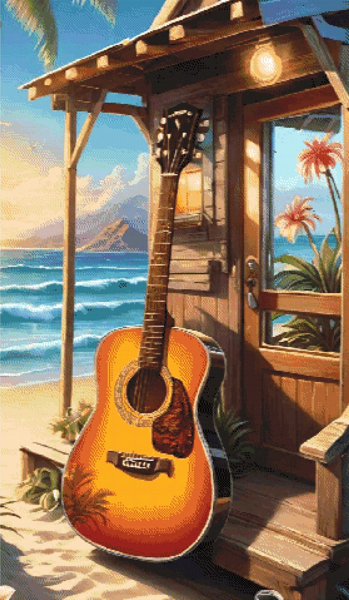 A Diamond Painting Rendering Of An Acoustic Guitar Leaning Against A Beach Cabin With An Ocean View Under A Golden Sunset. Size - 70cm X 120cm