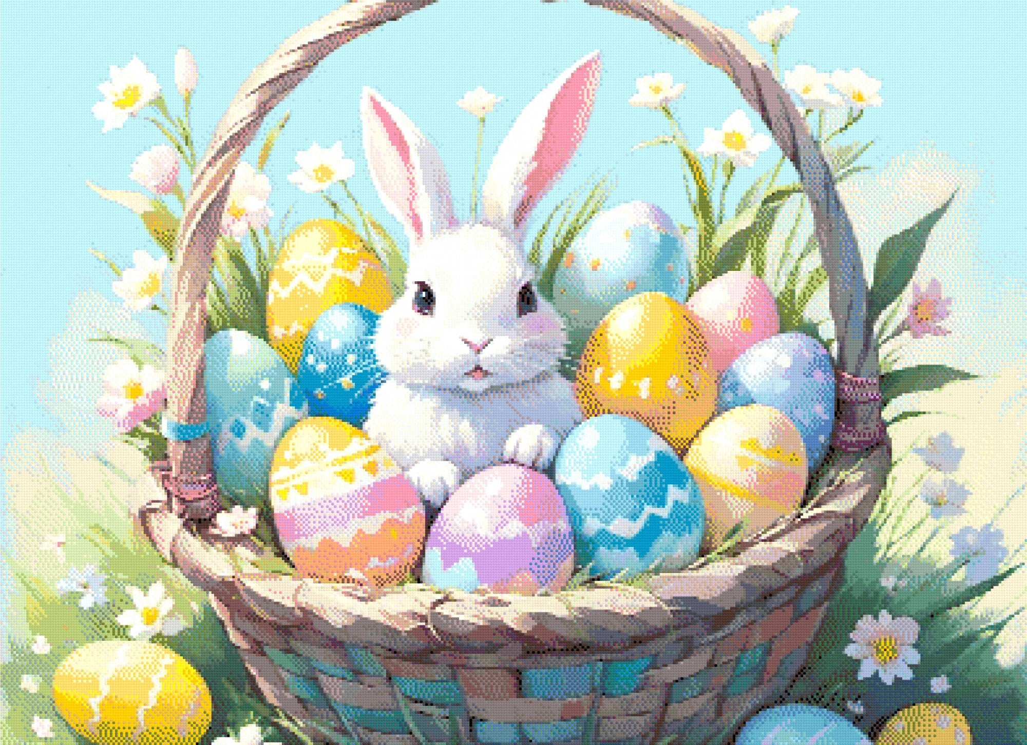 A Diamond Painting Rendering Of A White Bunny Sitting In A Basket Filled With Colourful Easter Eggs, Surrounded By Blooming Flowers. Size - 110cm X 80cm