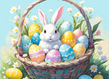 A Diamond Painting Rendering Of A White Bunny Sitting In A Basket Filled With Colourful Easter Eggs, Surrounded By Blooming Flowers. Size - 110cm X 80cm