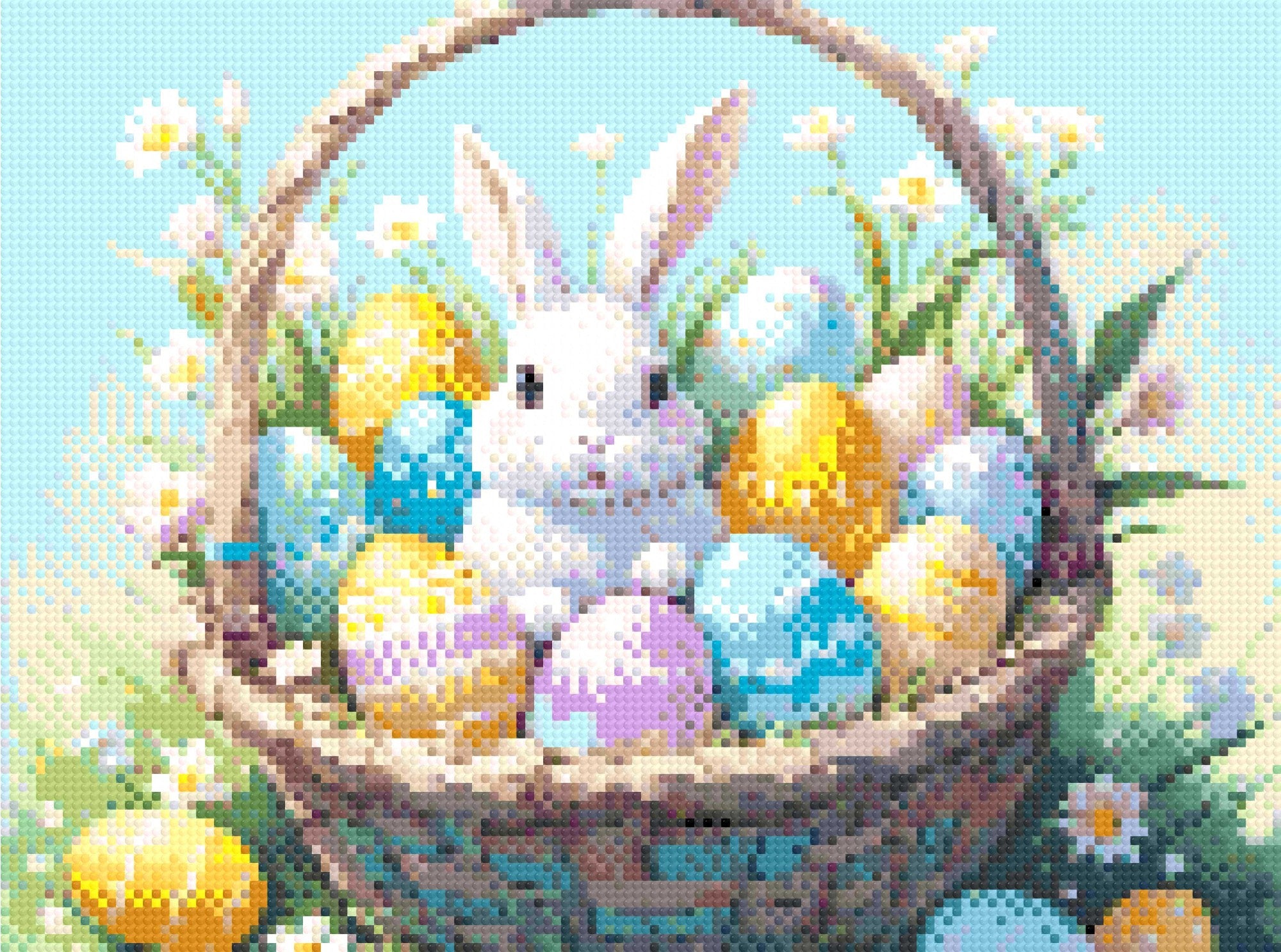 A Diamond Painting Rendering Of A White Bunny Sitting In A Basket Filled With Colourful Easter Eggs, Surrounded By Blooming Flowers. Size - 40cm X 30cm