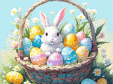 A Diamond Painting Rendering Of A White Bunny Sitting In A Basket Filled With Colourful Easter Eggs, Surrounded By Blooming Flowers. Size - 40cm X 30cm