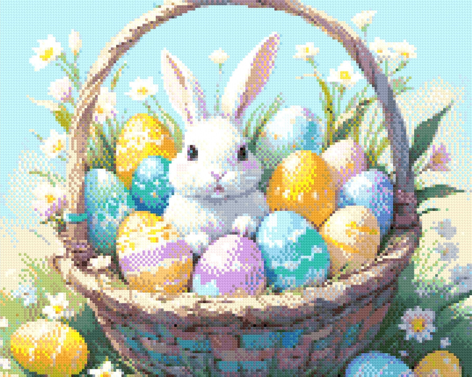 A Diamond Painting Rendering Of A White Bunny Sitting In A Basket Filled With Colourful Easter Eggs, Surrounded By Blooming Flowers. Size - 50cm X 40cm