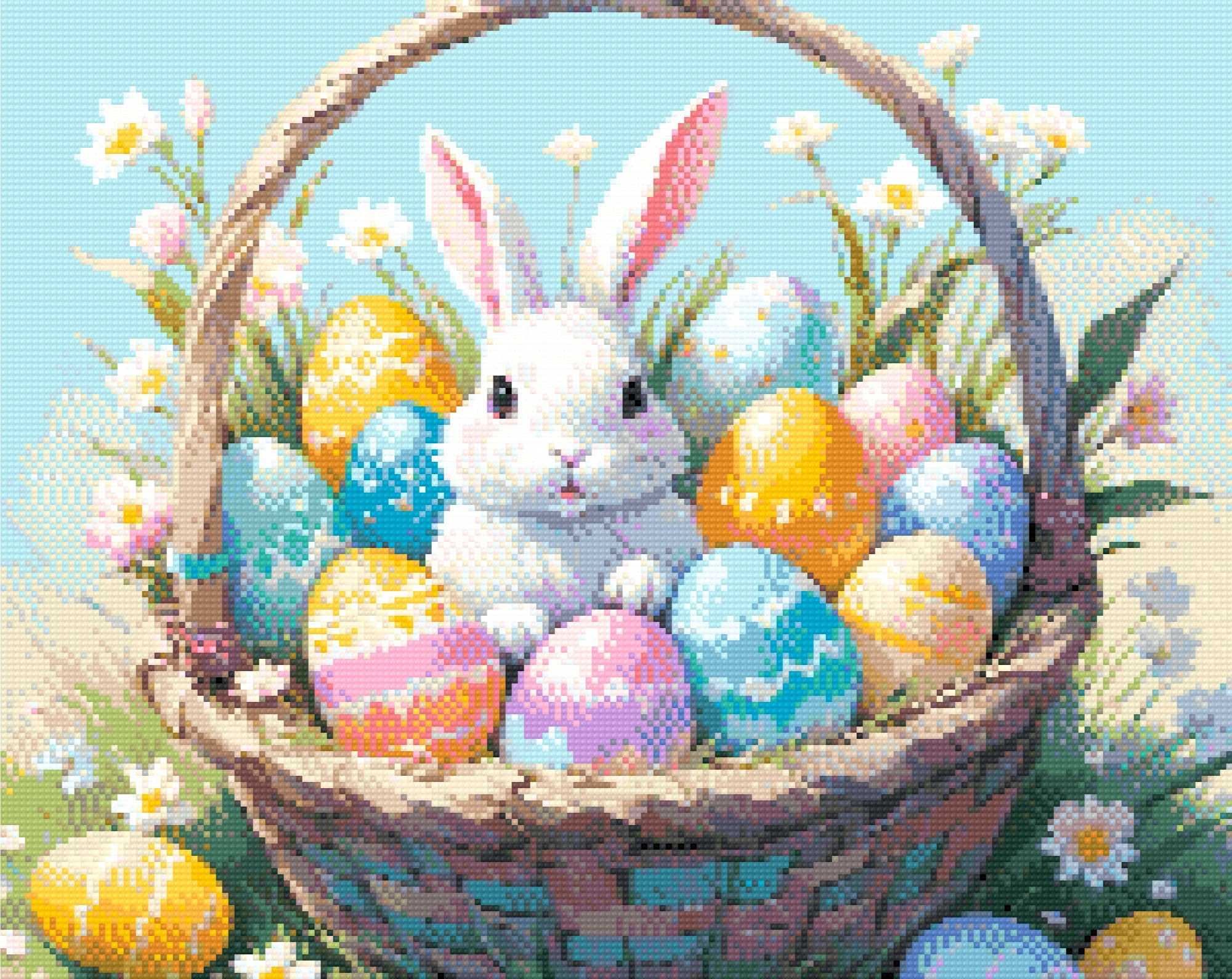 A Diamond Painting Rendering Of A White Bunny Sitting In A Basket Filled With Colourful Easter Eggs, Surrounded By Blooming Flowers. Size - 50cm X 40cm