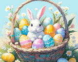 A Diamond Painting Rendering Of A White Bunny Sitting In A Basket Filled With Colourful Easter Eggs, Surrounded By Blooming Flowers. Size - 50cm X 40cm