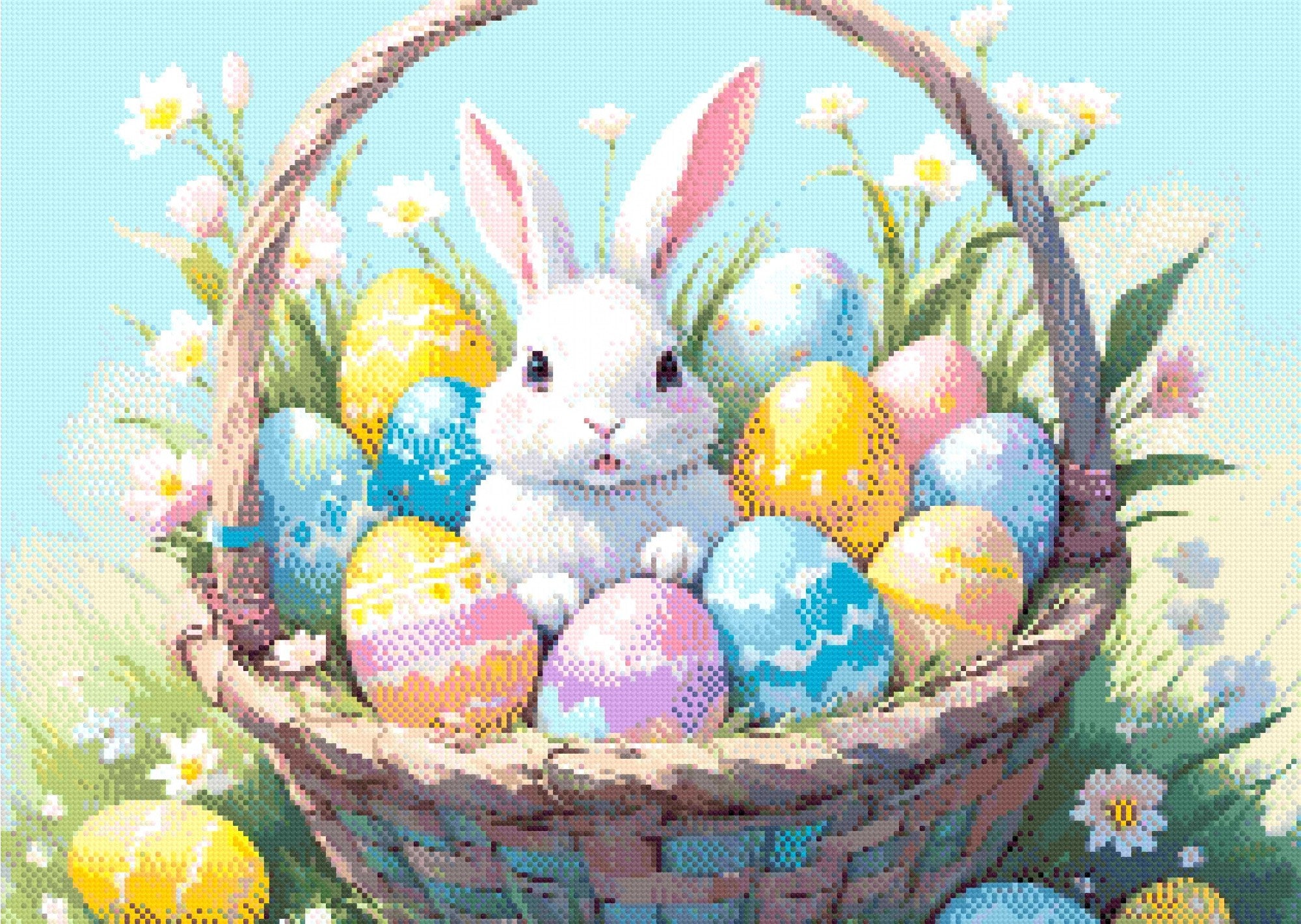 A Diamond Painting Rendering Of A White Bunny Sitting In A Basket Filled With Colourful Easter Eggs, Surrounded By Blooming Flowers. Size - 70cm X 50cm
