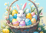 A Diamond Painting Rendering Of A White Bunny Sitting In A Basket Filled With Colourful Easter Eggs, Surrounded By Blooming Flowers. Size - 70cm X 50cm