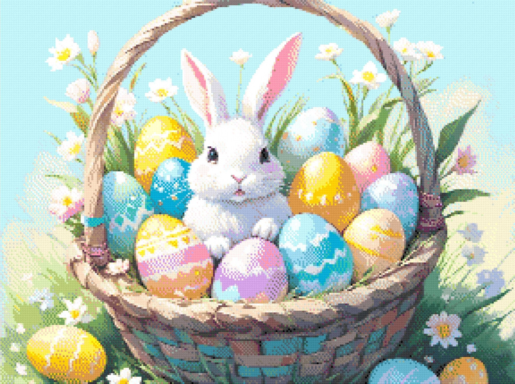 A Diamond Painting Rendering Of A White Bunny Sitting In A Basket Filled With Colourful Easter Eggs, Surrounded By Blooming Flowers. Size - 80cm X 60cm