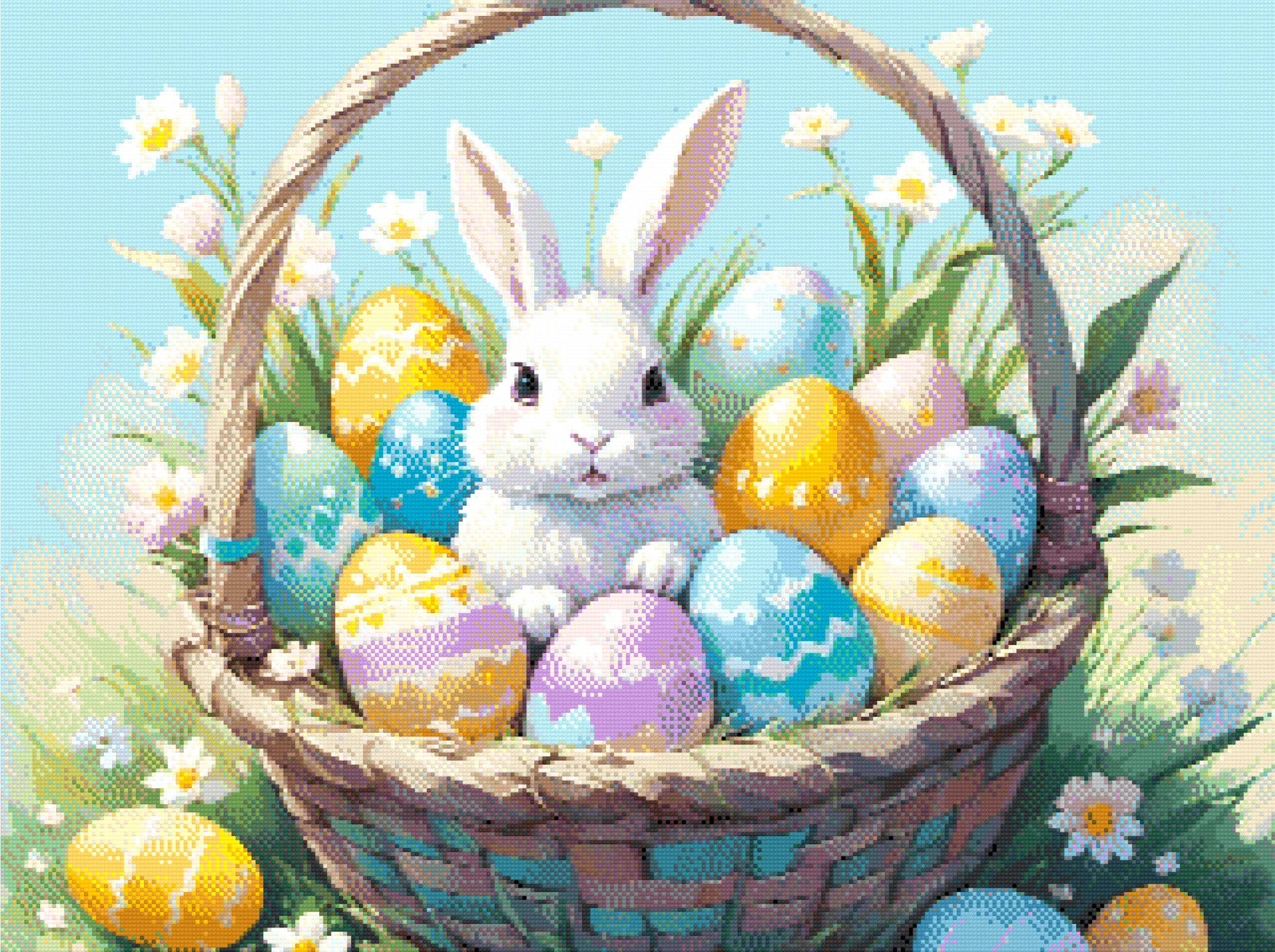 A Diamond Painting Rendering Of A White Bunny Sitting In A Basket Filled With Colourful Easter Eggs, Surrounded By Blooming Flowers. Size - 80cm X 60cm