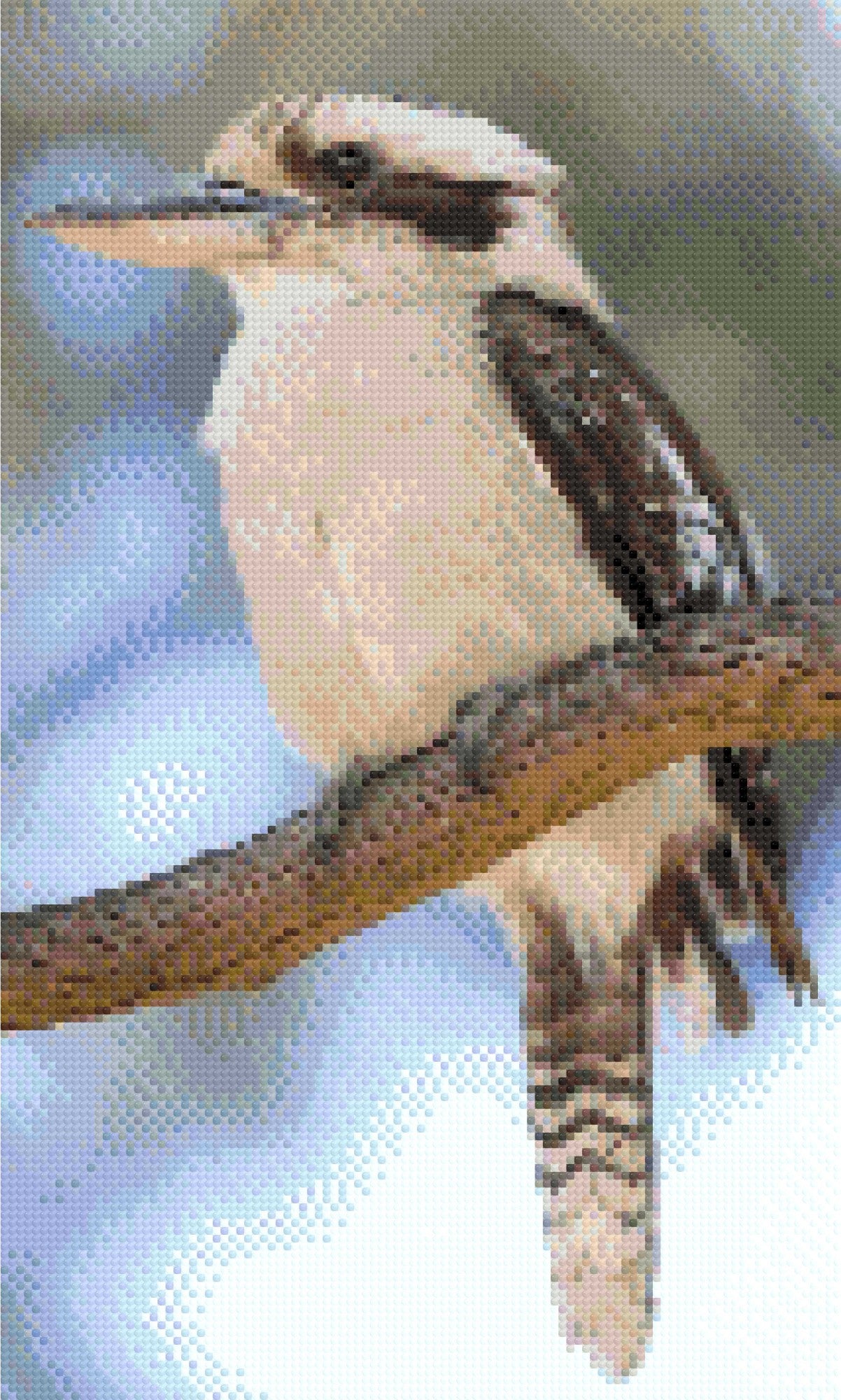 A Diamond Painting Rendering Of A Kookaburra Perched On A Tree Branch, Facing Sideways With Feathers Fluffed And Eyes Alert. Size - 30cm X 50cm
