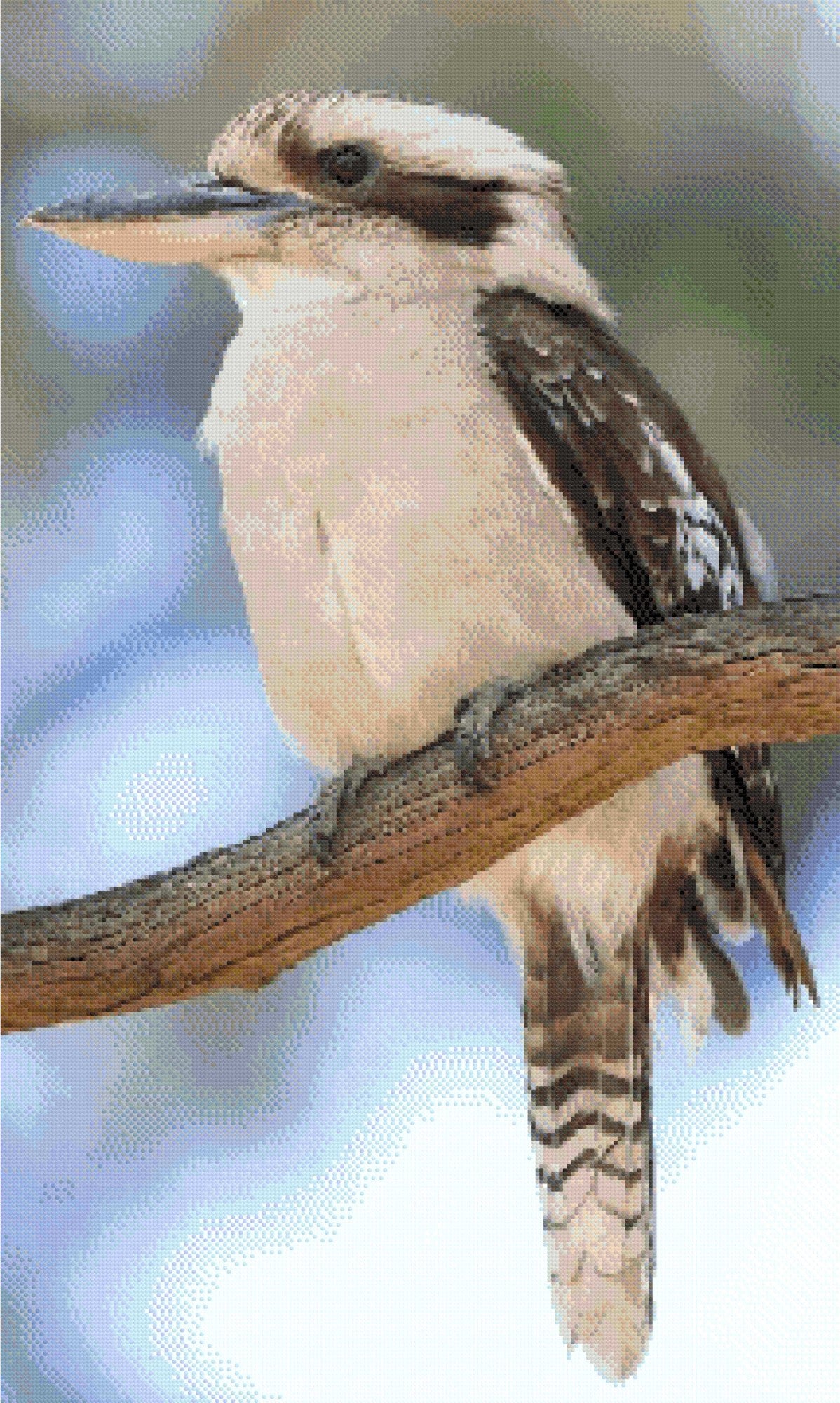 A Diamond Painting Rendering Of A Kookaburra Perched On A Tree Branch, Facing Sideways With Feathers Fluffed And Eyes Alert. Size - 60cm X 100cm
