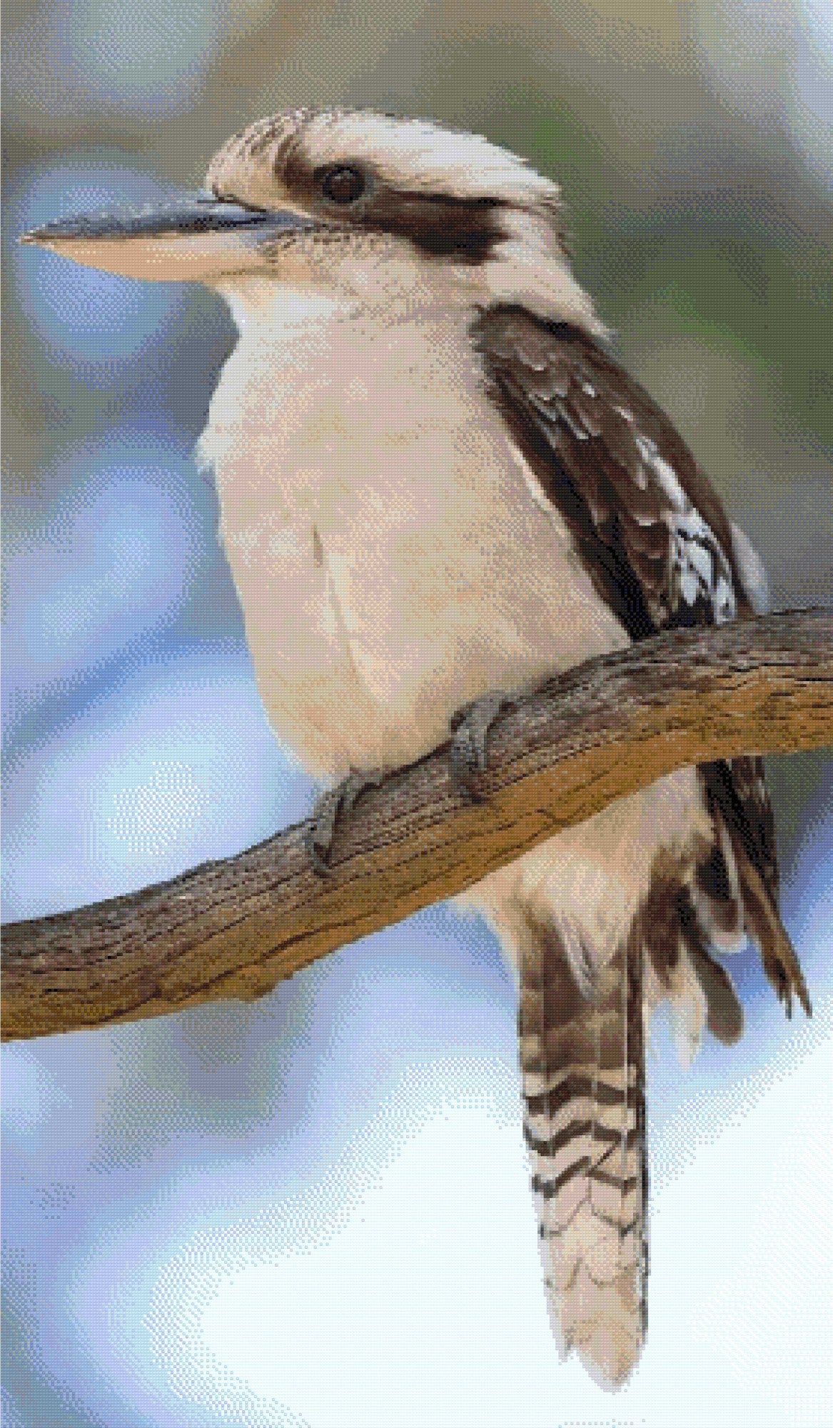 A Diamond Painting Rendering Of A Kookaburra Perched On A Tree Branch, Facing Sideways With Feathers Fluffed And Eyes Alert. Size - 70cm X 120cm
