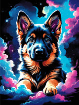 A Diamond Painting Rendering Of German Shepherd Puppy In A Dreamy Cosmic Scene With Stars And Colourful Nebula Clouds. Size - 90cm X 120cm