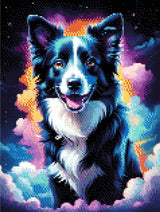 A Diamond Painting Rendering Of Happy Border Collie With Glowing Fur Floating In A Dreamy Cosmic Sky Of Stars And Colourful Clouds. Size - 30cm X 40cm