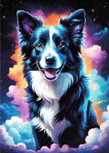 A Diamond Painting Rendering Of Happy Border Collie With Glowing Fur Floating In A Dreamy Cosmic Sky Of Stars And Colourful Clouds. Size - 50cm X 70cm