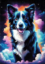 A Diamond Painting Rendering Of Happy Border Collie With Glowing Fur Floating In A Dreamy Cosmic Sky Of Stars And Colourful Clouds. Size - 50cm X 70cm