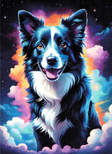 A Diamond Painting Rendering Of Happy Border Collie With Glowing Fur Floating In A Dreamy Cosmic Sky Of Stars And Colourful Clouds. Size - 80cm X 110cm