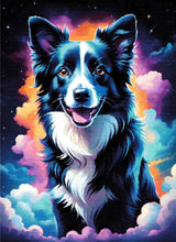 A Diamond Painting Rendering Of Happy Border Collie With Glowing Fur Floating In A Dreamy Cosmic Sky Of Stars And Colourful Clouds. Size - 80cm X 110cm
