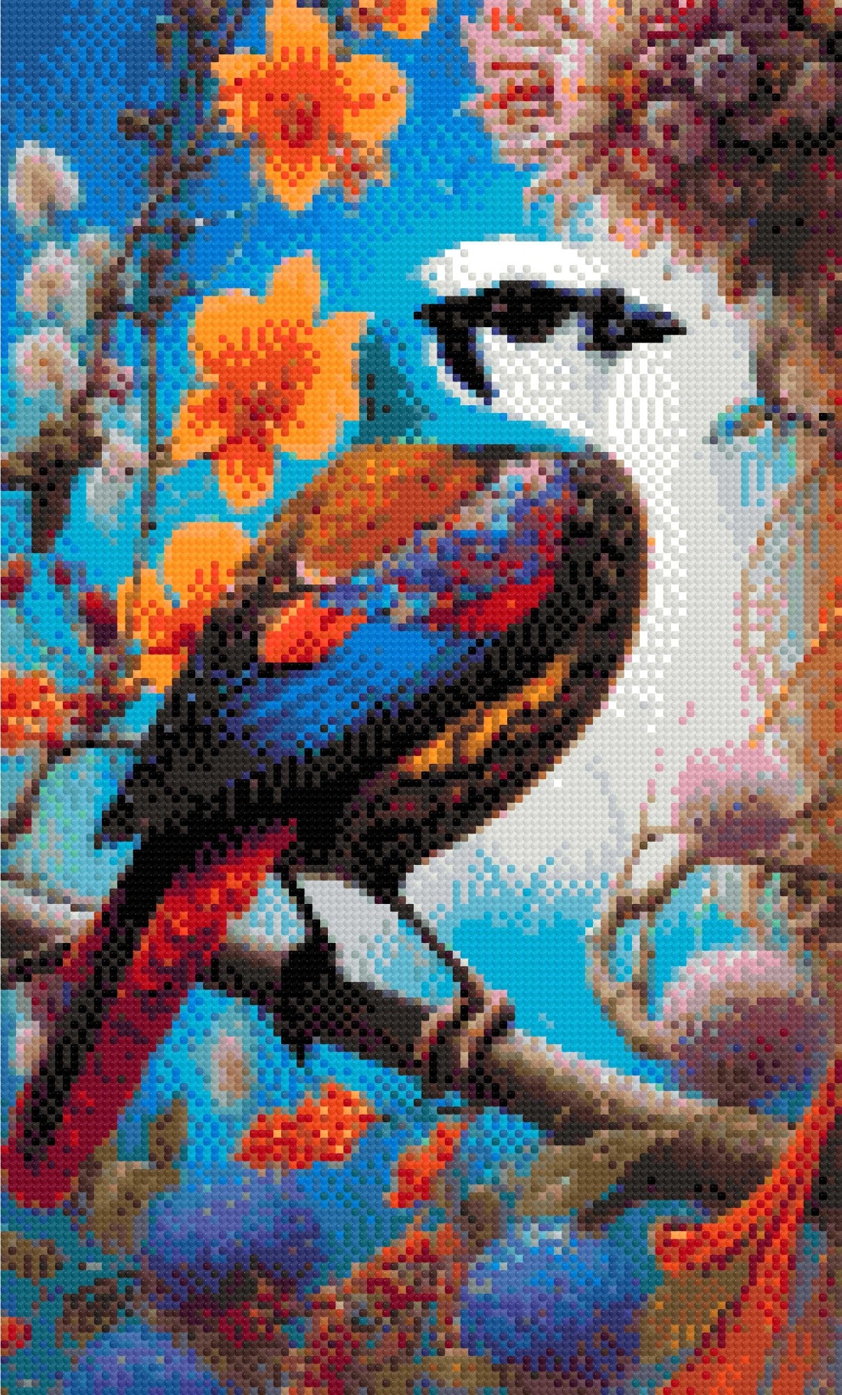 A Diamond Painting Rendering Of Vibrant Bird With Colourful Feathers Perched Among Orange And Pink Flowers In A Surreal Floral Setting. Size - 30cm X 50cm