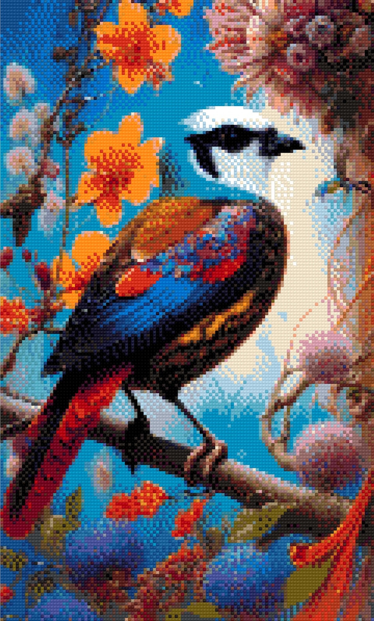 A Diamond Painting Rendering Of Vibrant Bird With Colourful Feathers Perched Among Orange And Pink Flowers In A Surreal Floral Setting. Size - 30cm X 50cm