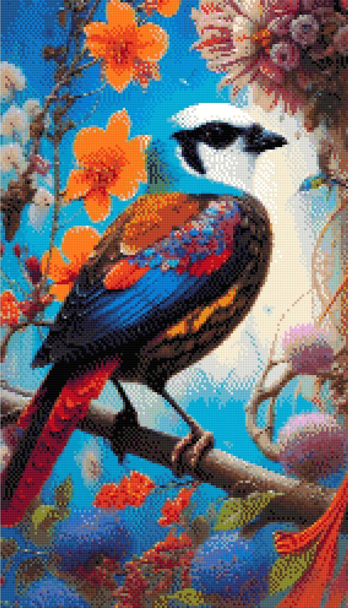 A Diamond Painting Rendering Of Vibrant Bird With Colourful Feathers Perched Among Orange And Pink Flowers In A Surreal Floral Setting. Size - 40cm X 70cm