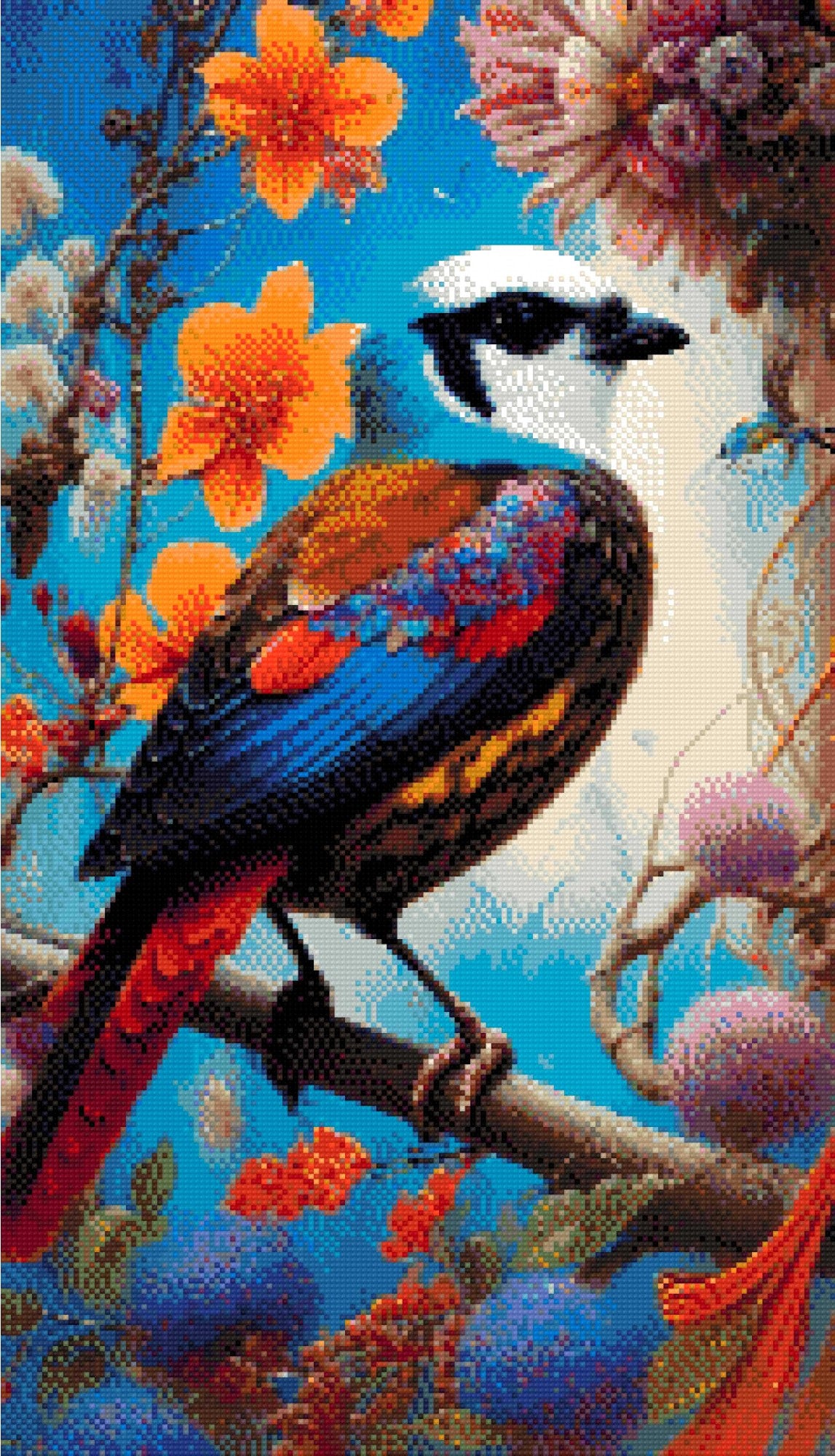 A Diamond Painting Rendering Of Vibrant Bird With Colourful Feathers Perched Among Orange And Pink Flowers In A Surreal Floral Setting. Size - 40cm X 70cm