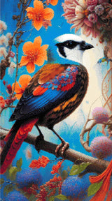 A Diamond Painting Rendering Of Vibrant Bird With Colourful Feathers Perched Among Orange And Pink Flowers In A Surreal Floral Setting. Size - 50cm X 90cm