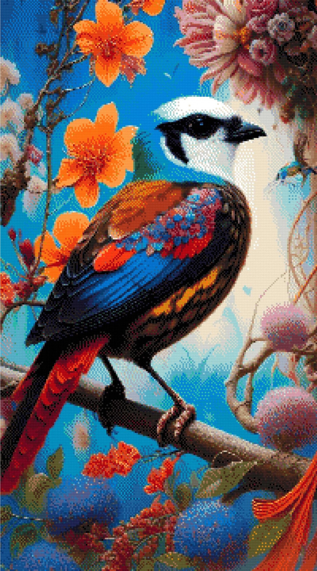 A Diamond Painting Rendering Of Vibrant Bird With Colourful Feathers Perched Among Orange And Pink Flowers In A Surreal Floral Setting. Size - 50cm X 90cm