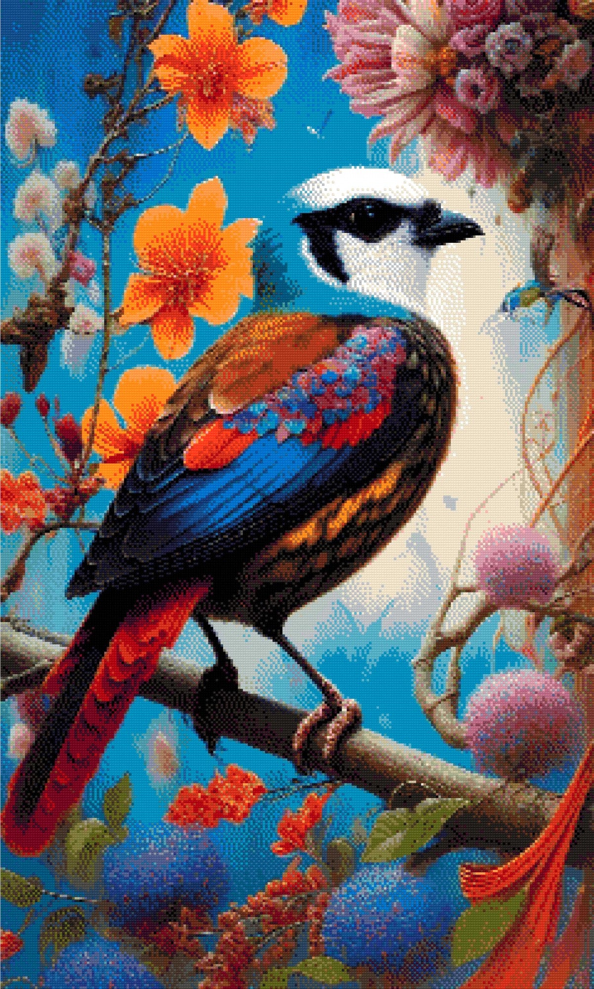 A Diamond Painting Rendering Of Vibrant Bird With Colourful Feathers Perched Among Orange And Pink Flowers In A Surreal Floral Setting. Size - 60cm X 100cm