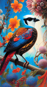 A Diamond Painting Rendering Of Vibrant Bird With Colourful Feathers Perched Among Orange And Pink Flowers In A Surreal Floral Setting. Size - 60cm X 110cm