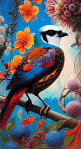 A Diamond Painting Rendering Of Vibrant Bird With Colourful Feathers Perched Among Orange And Pink Flowers In A Surreal Floral Setting. Size - 60cm X 110cm
