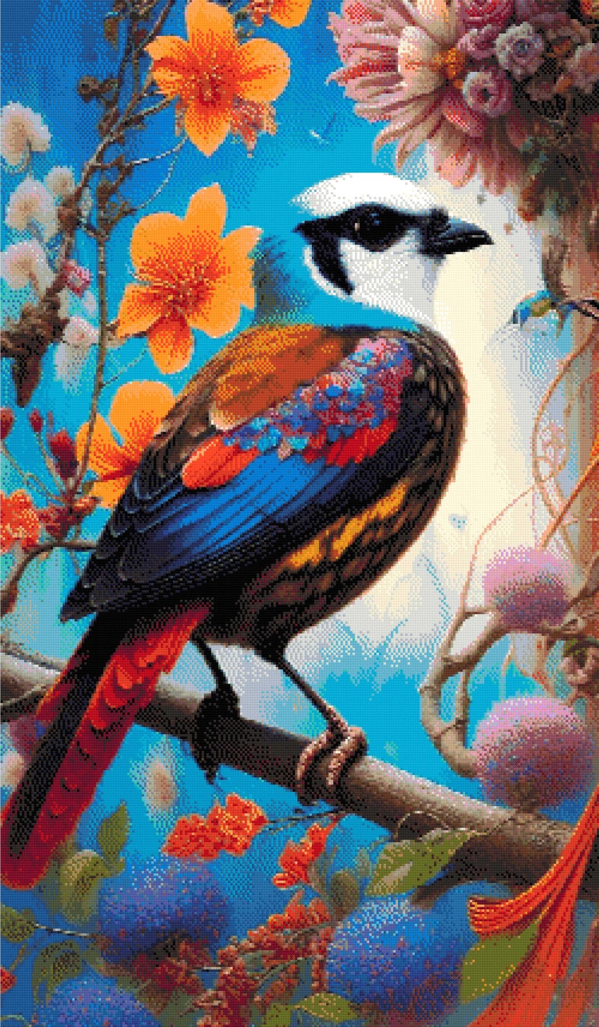 A Diamond Painting Rendering Of Vibrant Bird With Colourful Feathers Perched Among Orange And Pink Flowers In A Surreal Floral Setting. Size - 70cm X 120cm