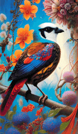 A Diamond Painting Rendering Of Vibrant Bird With Colourful Feathers Perched Among Orange And Pink Flowers In A Surreal Floral Setting. Size - 70cm X 120cm