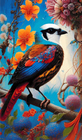 A Diamond Painting Rendering Of Vibrant Bird With Colourful Feathers Perched Among Orange And Pink Flowers In A Surreal Floral Setting. Size - 70cm X 120cm