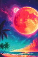 A Diamond Painting Rendering Of Fantasy Beach Scene With Glowing Red Planet, Stars, Palm Trees, And A Vivid Cosmic Sky At Sunset. Size - 40cm X 60cm