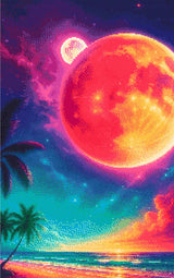 A Diamond Painting Rendering Of Fantasy Beach Scene With Glowing Red Planet, Stars, Palm Trees, And A Vivid Cosmic Sky At Sunset. Size - 50cm X 80cm