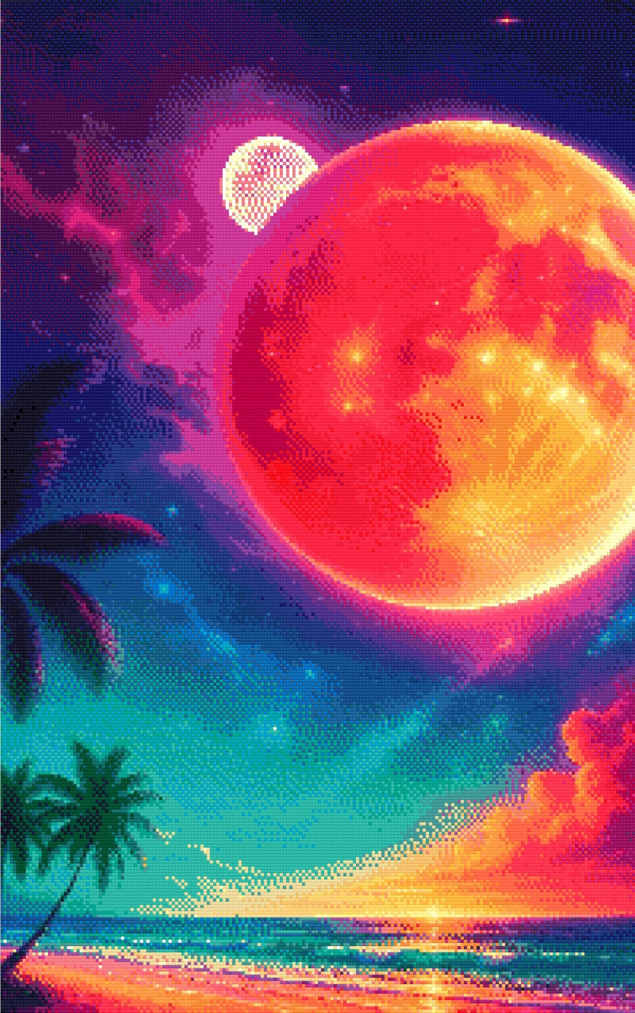 A Diamond Painting Rendering Of Fantasy Beach Scene With Glowing Red Planet, Stars, Palm Trees, And A Vivid Cosmic Sky At Sunset. Size - 50cm X 80cm
