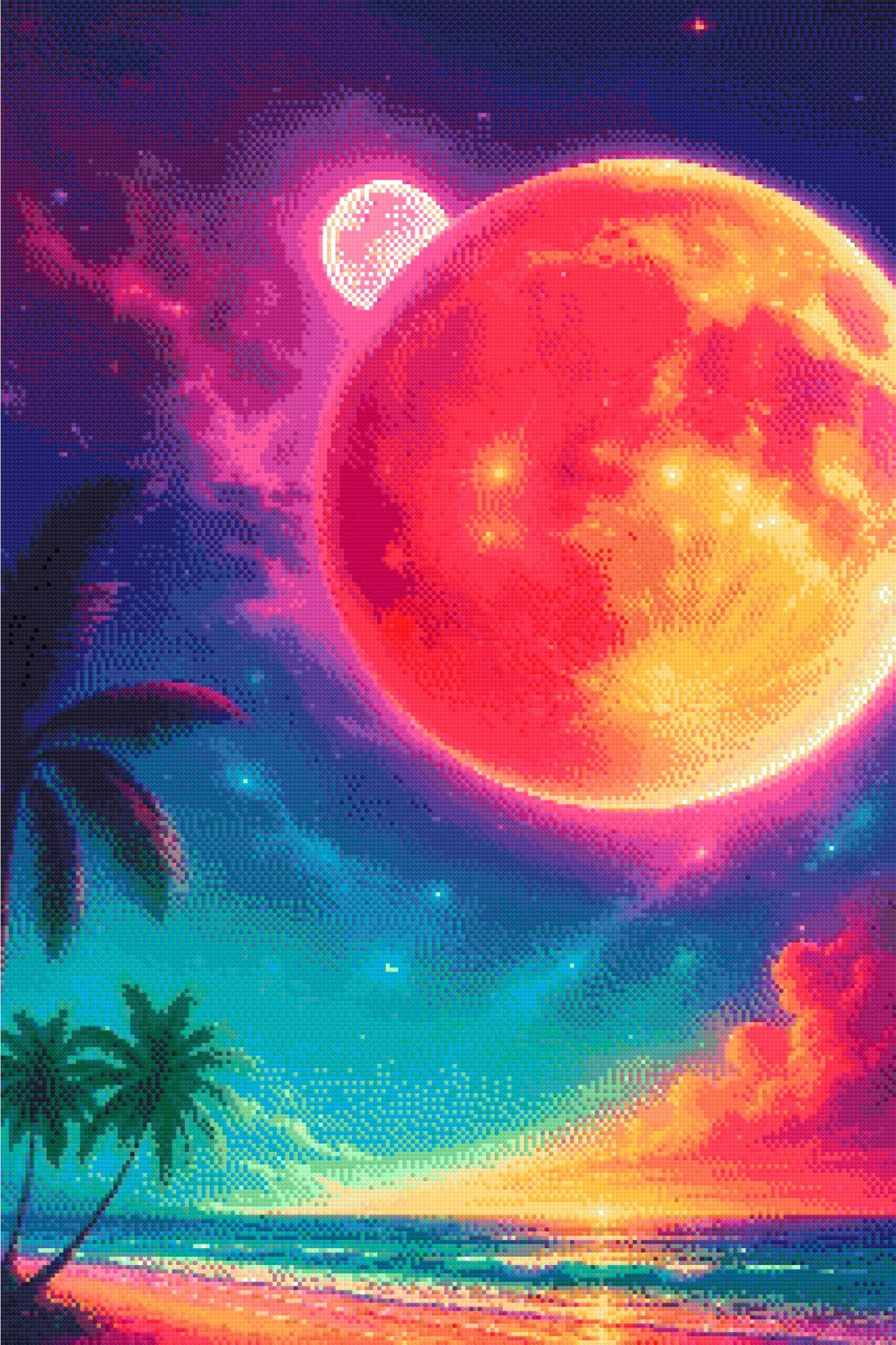 A Diamond Painting Rendering Of Fantasy Beach Scene With Glowing Red Planet, Stars, Palm Trees, And A Vivid Cosmic Sky At Sunset. Size - 60cm X 90cm