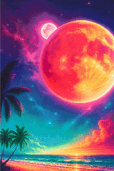 A Diamond Painting Rendering Of Fantasy Beach Scene With Glowing Red Planet, Stars, Palm Trees, And A Vivid Cosmic Sky At Sunset. Size - 60cm X 90cm