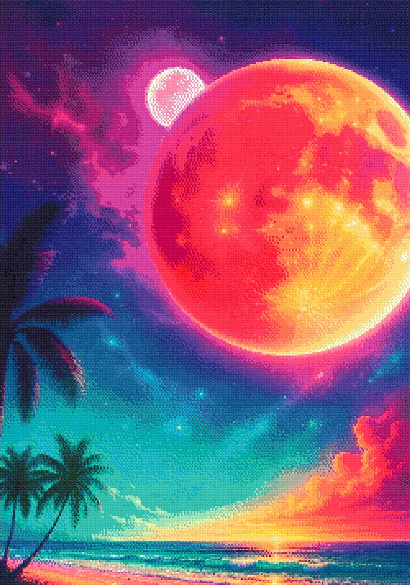 A Diamond Painting Rendering Of Fantasy Beach Scene With Glowing Red Planet, Stars, Palm Trees, And A Vivid Cosmic Sky At Sunset. Size - 70cm X 100cm