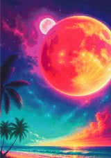 A Diamond Painting Rendering Of Fantasy Beach Scene With Glowing Red Planet, Stars, Palm Trees, And A Vivid Cosmic Sky At Sunset. Size - 70cm X 100cm