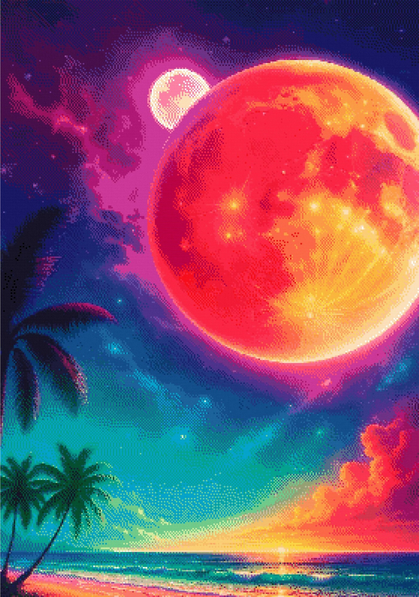 A Diamond Painting Rendering Of Fantasy Beach Scene With Glowing Red Planet, Stars, Palm Trees, And A Vivid Cosmic Sky At Sunset. Size - 70cm X 100cm