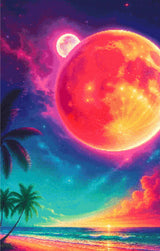 A Diamond Painting Rendering Of Fantasy Beach Scene With Glowing Red Planet, Stars, Palm Trees, And A Vivid Cosmic Sky At Sunset. Size - 70cm X 110cm
