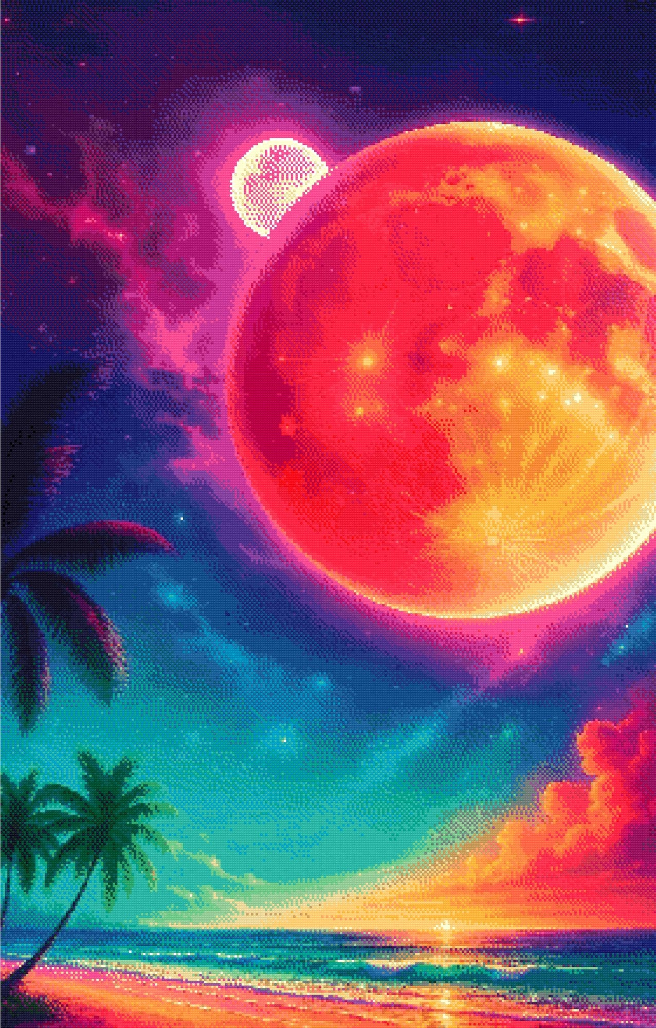 A Diamond Painting Rendering Of Fantasy Beach Scene With Glowing Red Planet, Stars, Palm Trees, And A Vivid Cosmic Sky At Sunset. Size - 70cm X 110cm